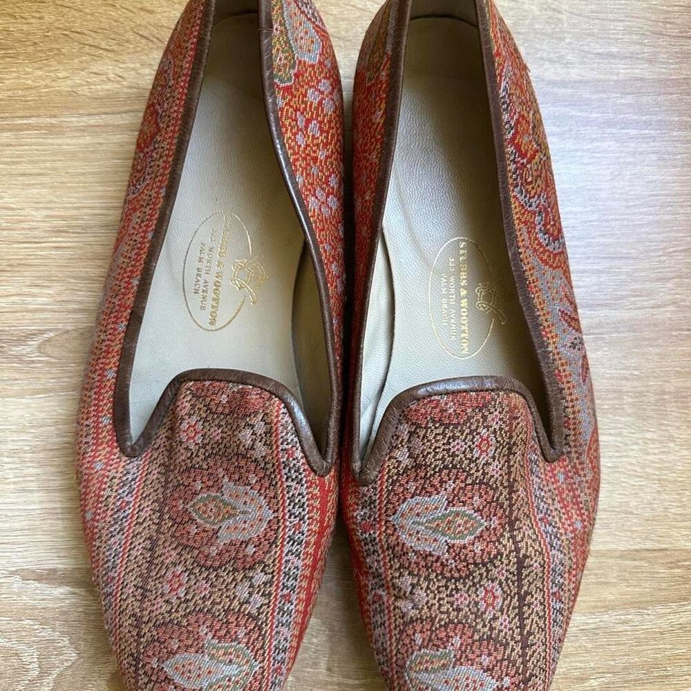 Stubbs & Wootton Women's Red Paisley Brown Leather Loafers 8.5